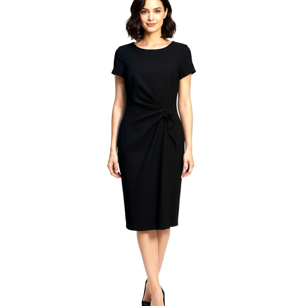 Escada Black Virgin Wool Gathered Waist Short Sleeve Fitted Dress Size Medium 40